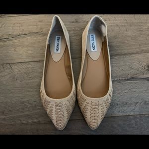 NEW; Suede flats with woven front point detail in tan; Size 8.5